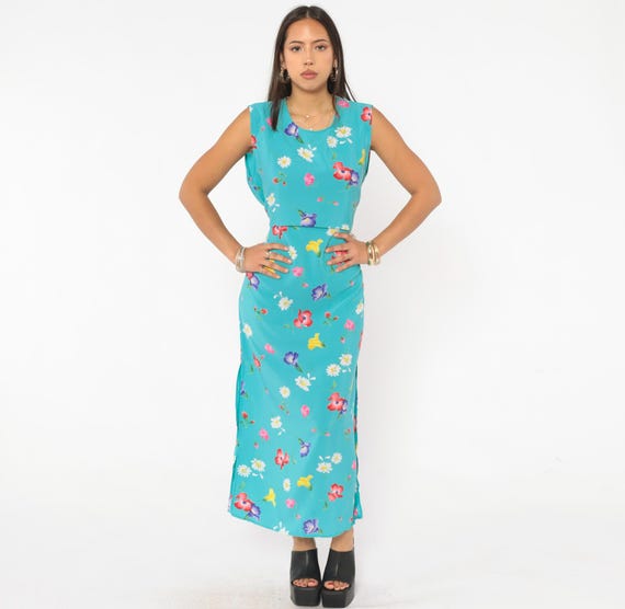 90s Floral Maxi Dress Turquoise Aqua Sleeveless Wildflower Daisy Summer Cottagecore Prairie Garden Party Teal Blue Pullover Vintage Medium M
