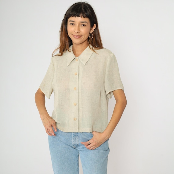 Vintage 90s Sheer Beige Blouse Grid Weave Short Sleeve Button Up Front Lightweight Top Dressbarn Pleated Back Size 14 Large