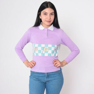 Purple Polo Shirt 80s Long Sleeve Collared T-Shirt Checkered Print Flag Graphic Tee Retro Button up Top Preppy Pastel Vintage 1980s 2xs xxs