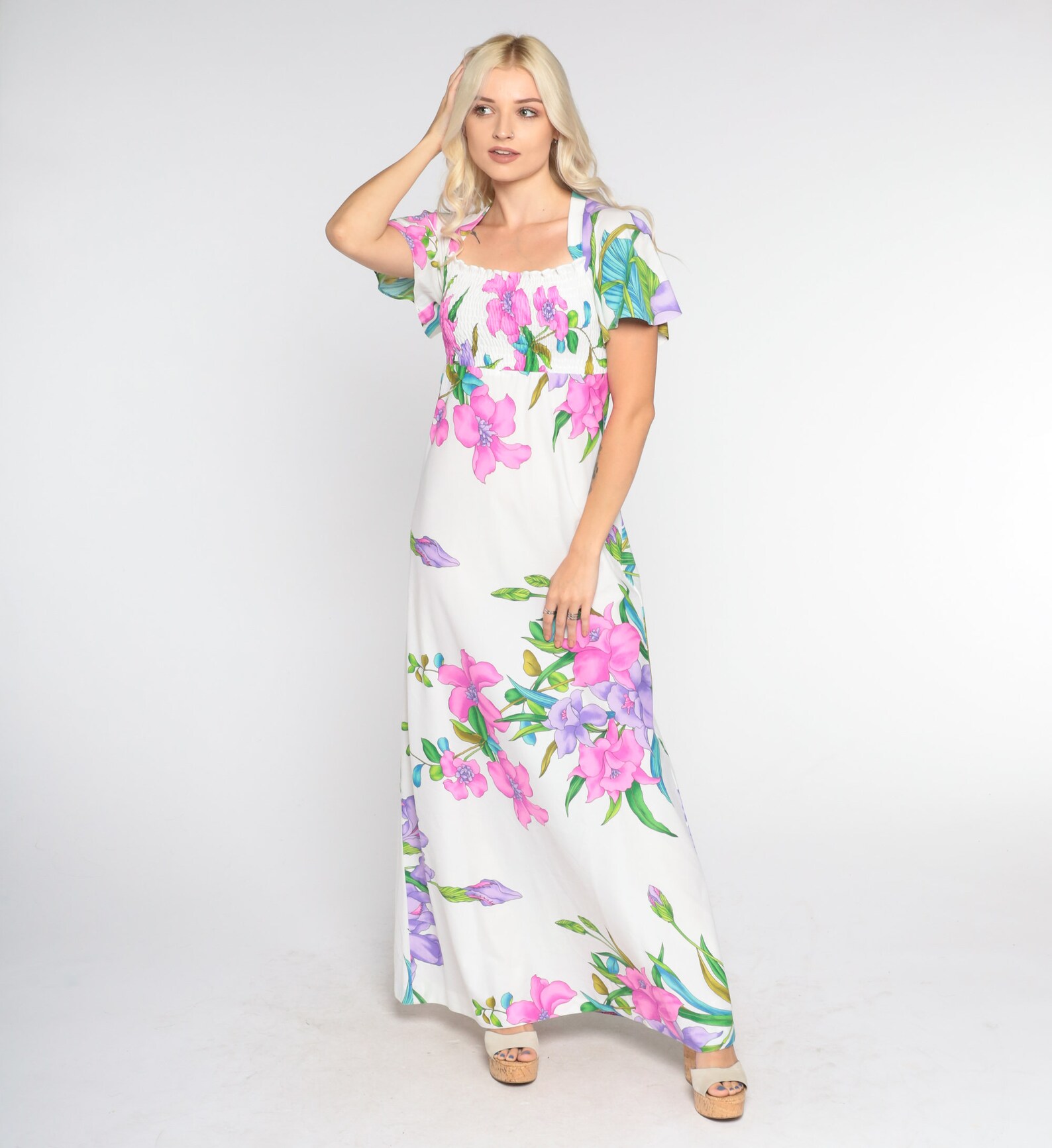 Tropical Maxi Dress 70s Hawaiian Floral White Smocked Flutter Sleeve ...