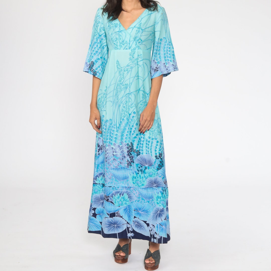 Bohemian Dress 70s Maxi ANGEL SLEEVE Dress Blue Hawaiian Boho Floral ...