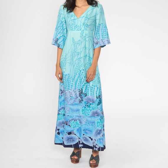 Bohemian Dress 70s Maxi ANGEL SLEEVE Dress Blue Hawaiian Boho Floral EMPIRE Waist Festival Bell Sleeve Hippie Deep V Neck Vintage Small xs s