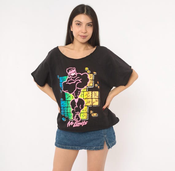90s No Limits Neon Graphic Sweatshirt America Muscle Man Cropped Black Cotton Neckline Raglan Sleeve Streetwear Vintage Medium Large M L