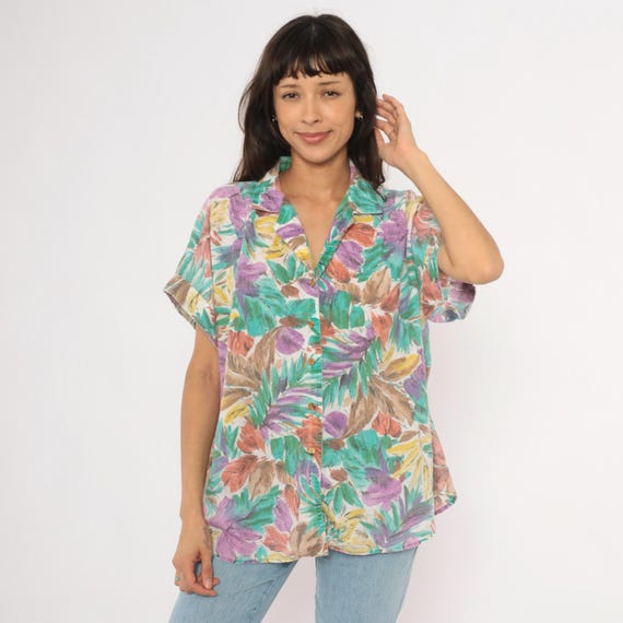 90s Tropical Leaf Shirt Teal Purple Coral Button Front Camp Collar Short Sleeve Blouse Hawaiian Floral Print Boxy Top Extra Extra Large XXL