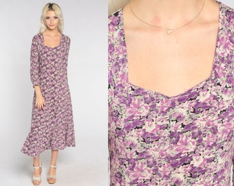 90s Grunge Dress Purple Floral Midi Dress Boho Flowy Fitted Bohemian Long Sleeve Vintage 1990s Contempo Casual Draped Extra Small xs