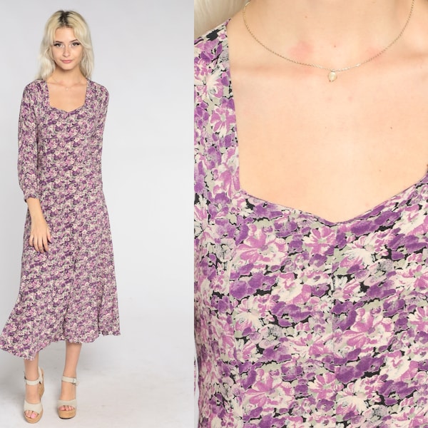 90s Grunge Dress Purple Floral Midi Dress Boho Flowy Fitted Bohemian Long Sleeve Vintage 1990s Contempo Casual Draped Extra Small xs