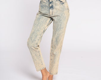 Jeans Acid Wash 90s Mom Jeans Azul Amarelo Jeans Cintura Alta Jeans 80s Cônico Cintura Alta Calça Jeans Skinny Vintage Pequeno 26