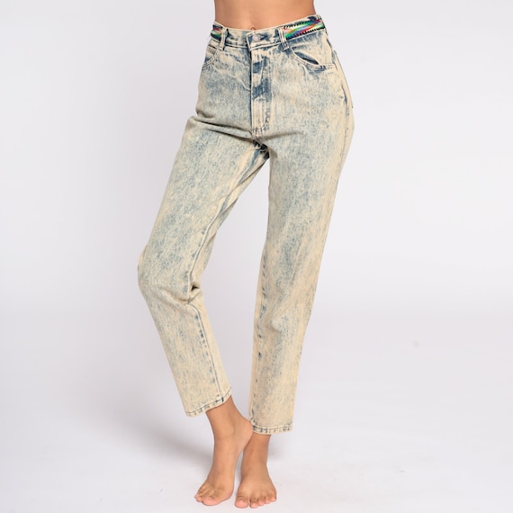 Acid Wash Jeans 90s Mom Jeans Blue Yellow Denim High Waist Jeans 80s Tapered High Waisted Denim Pants Skinny Vintage Small 26