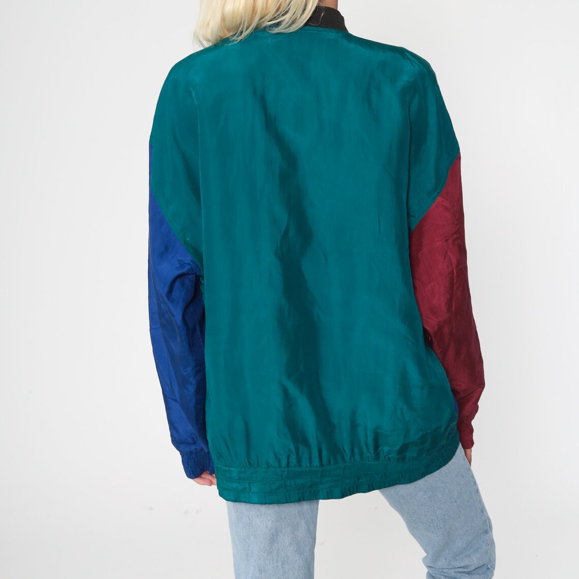 Retro Color Block Jacket Silk Color Block Jacket 80s Windbreaker Jacket Teal Red Blue | Etsy
