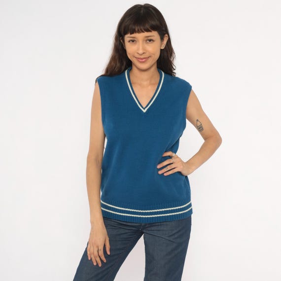 80s Blue Sweater Vest V Neck Knit Pullover Striped Trim Collegiate Preppy Cricket Style Sleeveless Top Academic Layering Waistcoat  Large L