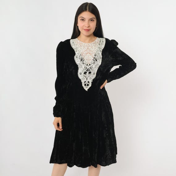 Vintage Black Velvet Lace Dress 80s Party Puff Sleeve Midi Dress Basque Waist Formal Evening Cocktail 1980s Goth Victorian Prom Medium M