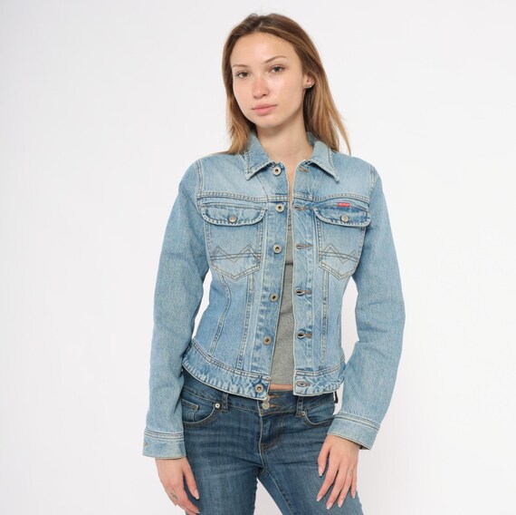 90s Big Star Denim Jacket Light Wash Blue Cotton Jean Cropped Pointed Collar Western Stitch Trucker Style Vintage Womens Extra Small XS