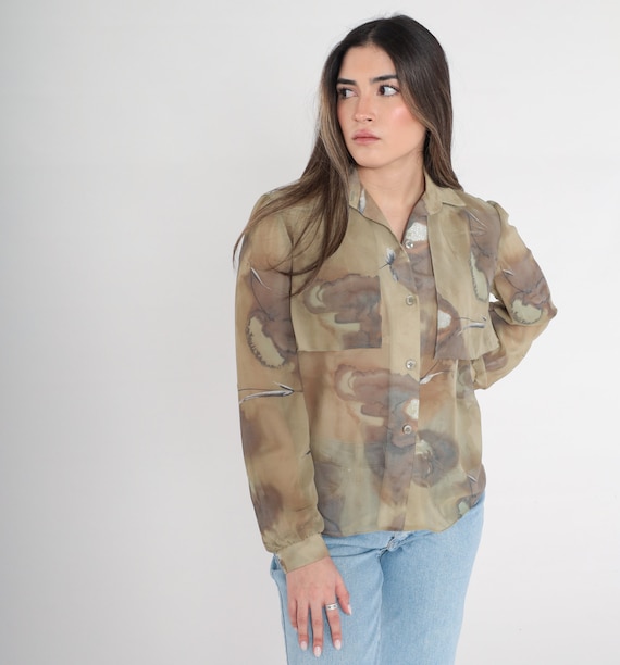 Watercolor Blouse 90s Glitter Top Button up Shirt Abstract Print Sparkly Silver Bohemian Long Sleeve Olive Green Vintage 1990s Medium 8