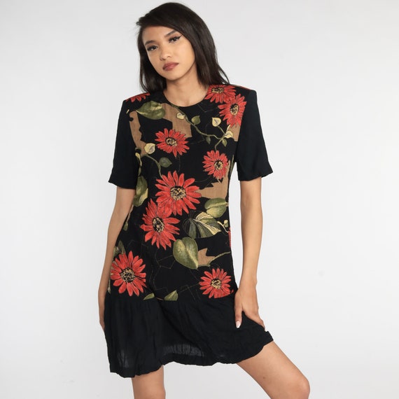 90s Floral Dress Black Drop Waist Mini Dress Boho Ruffle Grunge Flower Print Low Waisted Retro Secretary Short Sleeve Vintage 1990s Small S
