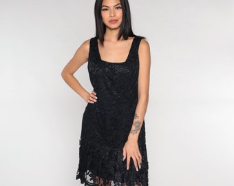 Black Lace Dress 90s Party Dress Floral Mini Cocktail Drop Waist Flounce Square Neck Sleeveless Cocktail Formal LBD Vintage 1990s Large 12