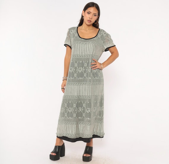 90s Grey Lace Knit Maxi Dress Layered Open Weave Short Sleeve Black A Line Silver Crochet Pattern Pullover Vintage Womens Grunge Large L