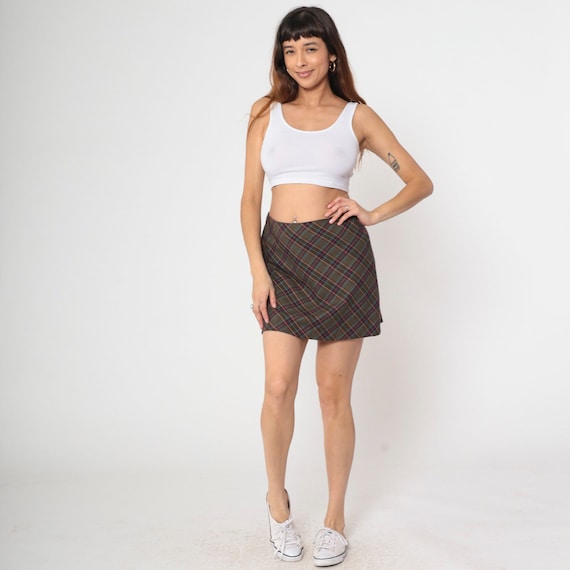 Plaid Mini Skirt Y2K School Girl Skirt Olive Burgundy Tartan Dark Academia High Waisted 00s Preppy Checkered Retro Vintage Lolita Medium 9