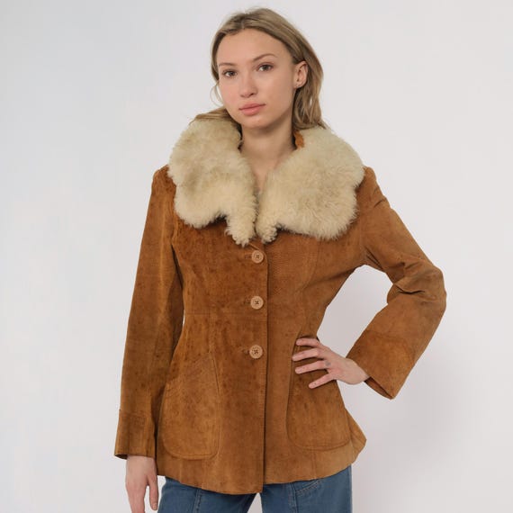 70s Shearling Coat Suede Leather Fur Collar Tan Button Front Vintage Distressed Winter Outerwear Jacket Patina Western Penny Lane Small S