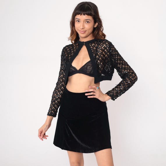 Black Sequin Bolero Mesh Cropped Jacket 90s Sheer Sparkly Bolero Party Club Going Out Top Vintage Evening Cocktail Cover Up Glitter Small S