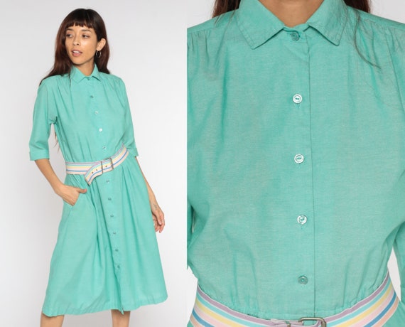 80s Shirtdress Day Dress 1980s Midi Dress Green Dress Button Up Mint Shirtwaist Pleated High Waist Vintage 3/4 Sleeve Retro Medium 8 Petite