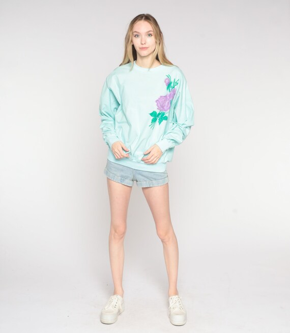 Rose Sweatshirt 80s Mint Blue Floral Sweatshirt A… - image 4