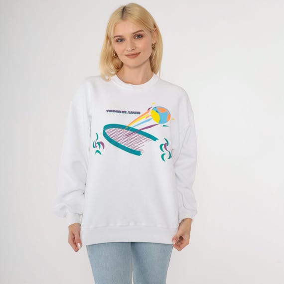 Vintage 90s Tennis St. Louis Sweatshirt 1990s Missouri Sports League White Graphic Jerzees Super Sweats Athletic Crewneck Large