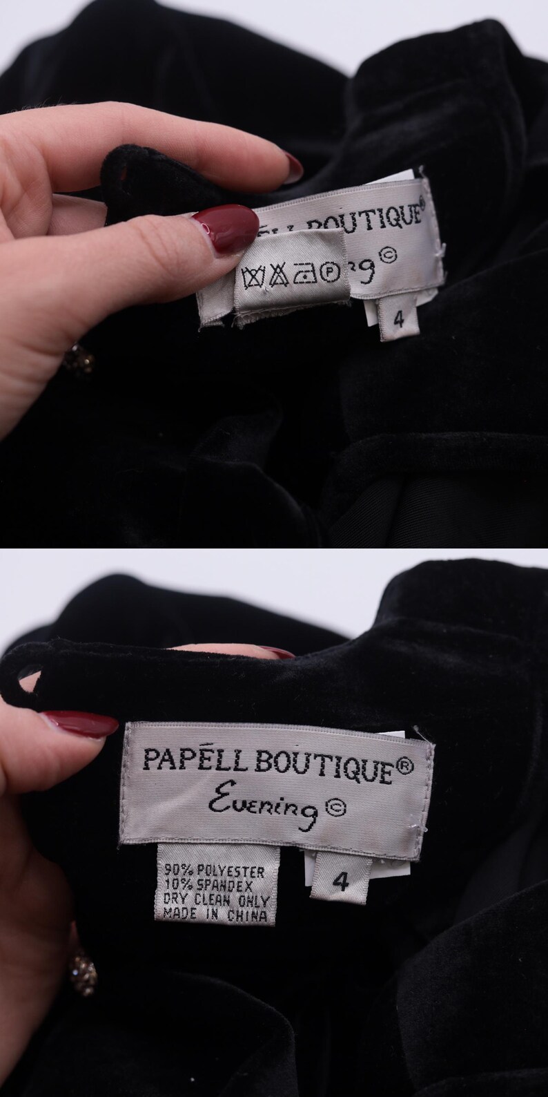 Może przedstawiać: Czarna aksamitna sukienka z białą metką, na kt&oacute;rej widnieje napis "Papell Boutique Evening" oraz "90% Poliester 10% Elastan Czyszczenie wyłącznie chemiczne Wyprodukowano w Chinach". Metka zawiera r&oacute;wnież numer "4".