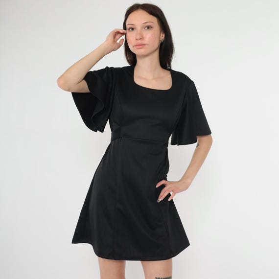 90s Black Babydoll Dress Flutter Sleeve Y2K Mini Dress Short Sleeve Party Empire Waist Cocktail Vintage LBD Minidress Small 6