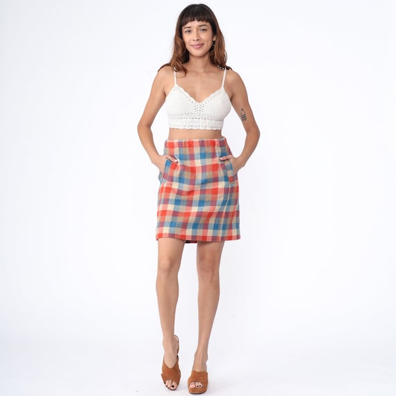 70s Checkered Skirt Mod Mini Skirt Wool Blend High Waist Pencil Preppy Secretary Academia Pocket Orange Blue Plaid Vintage 1970s Large