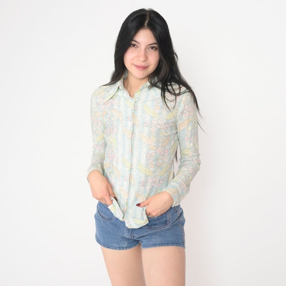 70s Floral Blouse Disco Shirt Button Up Top Dagge… - image 5