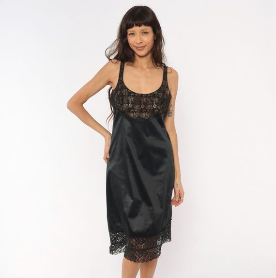 70s Black Lace Slip Dress Gossard Artemis Satin Nightgown Sheer Floral Bust Lingerie Sleeveless Coquette Dark Feminine Vintage Medium M