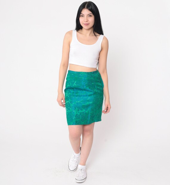 60s Floral Skirt Green Brocade Mini Skirt Blue Fo… - image 2