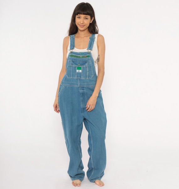 Liberty Overalls Denim Bib Carpenter Jeans Green Accent Cotton Dungarees Wide Leg Workwear Baggy Jean Jumpsuit Y2K Utility Blue Large L