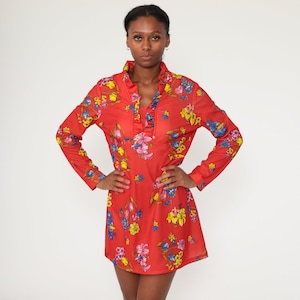 Robe nuisette florale des années 70 Mod Mini à manches longues taille empire rouge des années 60 vintage Dolly Gogo Flower Print des années 70 des années 70 grand L