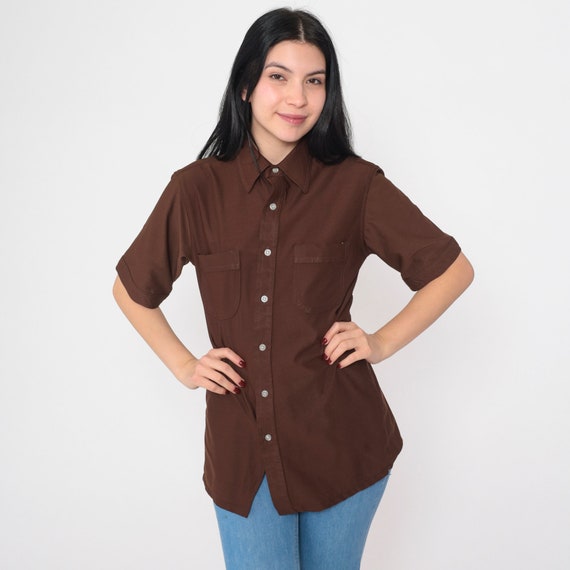 Brown Shirt 70s Button Up Collared Top Retro Hippie Disco Shirt Plain Short Sleeve Basic Preppy Pointed Collar Vintage 1970s Men's Medium M