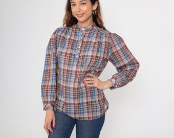 80s Plaid Blouse Vintage Brown Blue Yellow Partial Button Mandarin Collar Puff Sleeve Cotton Blend Prairie Preppy Cottagecore Boho Medium M
