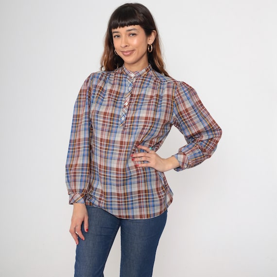 80s Plaid Blouse Vintage Brown Blue Yellow Partial Button Mandarin Collar Puff Sleeve Cotton Blend Prairie Preppy Cottagecore Boho Medium M