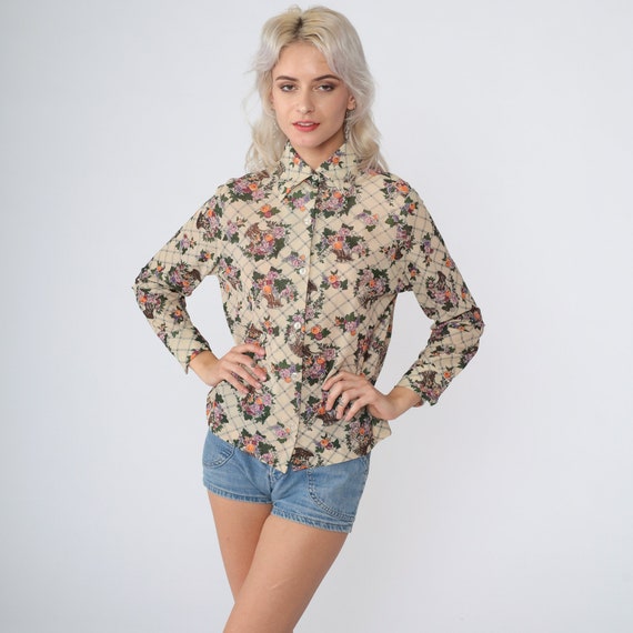 Checkered Floral Blouse 70s Button up Shirt Flower Print Top Long Sleeve Collared Disco Retro Hippie Boho Seventies Vintage 1970s Small