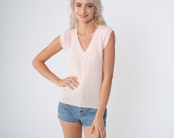 Baby Pink Sweater Vest 70s Knit Tank Top Retro Cap Sleeve V Neck Pullover Shirt Basic Plain Layering Knitwear Vintage 1970s Extra Small XS S