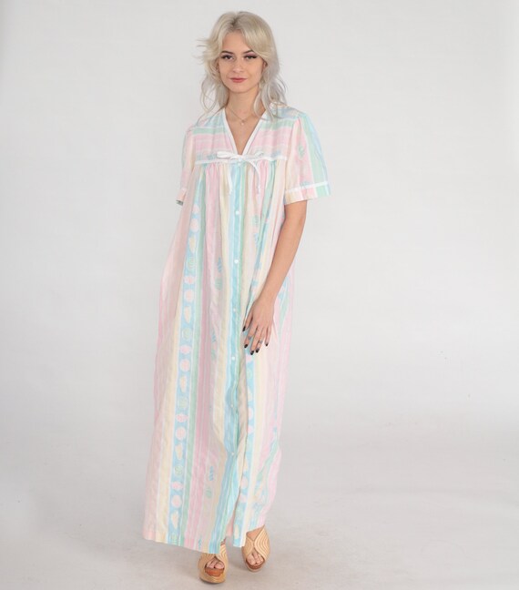 Striped Nightgown 80s Seashell Print Sleep Dress Snap Up Maxi Nightie Long Pastel V Neck Girly Pink Blue Yellow Green Vintage 1980s Large L