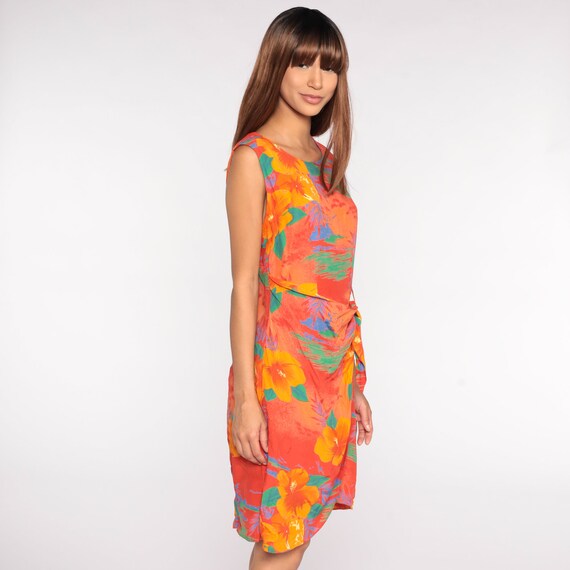 Tropical Floral Dress 80s Mini Orange Wrap Dress … - image 6