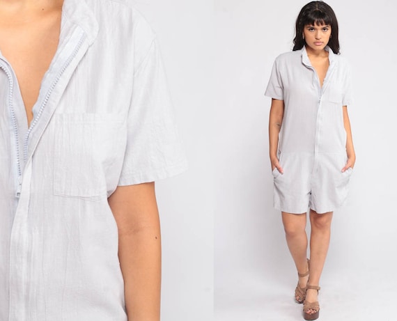 Grey Romper Playsuit One Piece Jumpsuit 80s Zip Up Cotton Onesie Vintage Shorts 1980s High Waist Plain Pocket Short Sleeve Medium