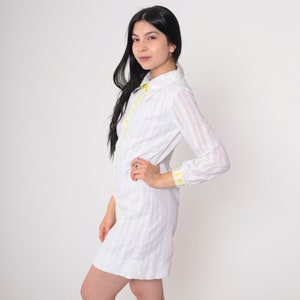 White Bowtie Dress 60s Mod Mini Dress Yellow Ribbon Trim Bow Tie Pointed Collar Long Sleeve Minidress Striped Collared Vintage 1960s Small S image 3