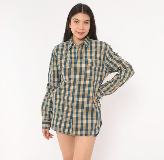 90s Ralph Lauren Flannel Shirt Blue Cream Plaid Cotton Work Top Tan Check Long Sleeve Collar Pocket Grunge Teal Beige Vintage Blouse Small S