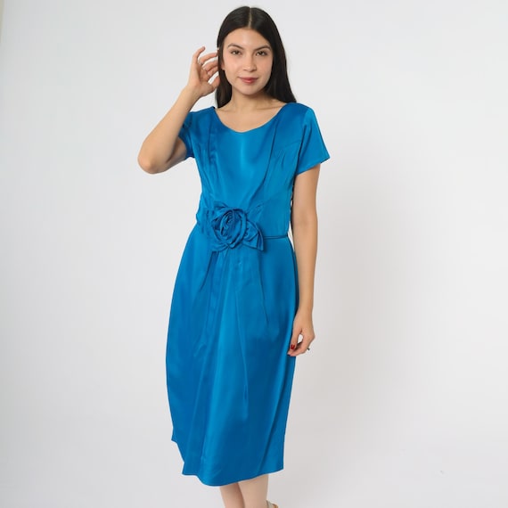 Blue Cocktail Dress 60s Royal Blue Scoop Neck Short Sleeve Rose Belt Detail Acetate Vintage Mod A-Line Classic Fashion Style Elegant Large L
