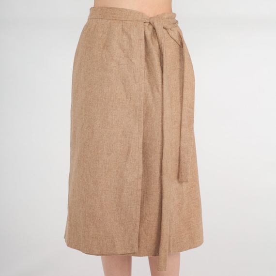 70s Wrap Skirt Tan Wool Midi Skirt High Waisted Plain Basic Summer Adjustable Simple Straight Cut Preppy Chic Vintage 1970s Medium Large