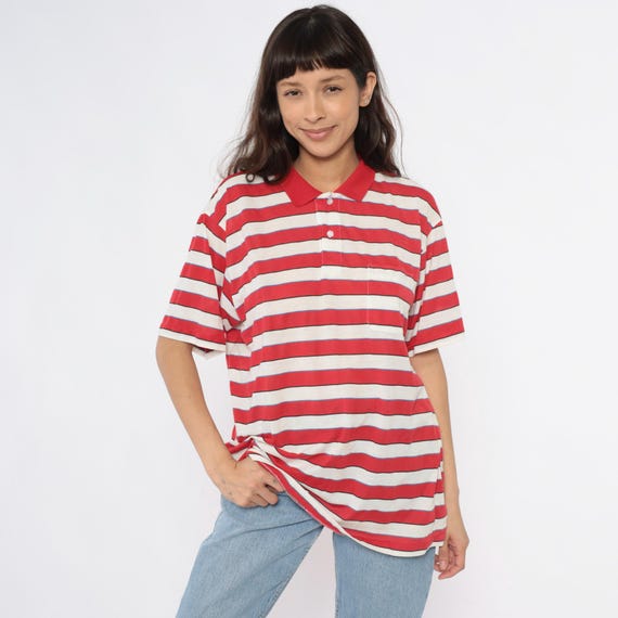 80s Striped Polo Shirt Red Cream Blue Rugby Style Button Front Collar Short Sleeve Preppy Collegiate Knit Casual Vintage Extra Large XL
