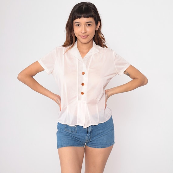 60s Nightie Top Button Front Blouse Light Pink Short Sleeve Collar Top Vintage Loungewear Lingerie Sleep Shirt Mod Preppy Classic Large L