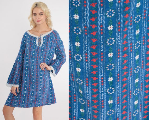 Floral Nightgown Dress 70s Lanz of Salzburg Pajamas Blue Eyelet Lace Long Sleeve Nightie Mini Hippie Boho Vintage 1970s Bohemian Medium