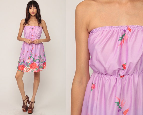 Boho Hippie Dress Strapless Mini Dress 70s Floral Lavender Purple Bohemian Sun 1970s Sundress Summer Vintage High Waisted Small Medium